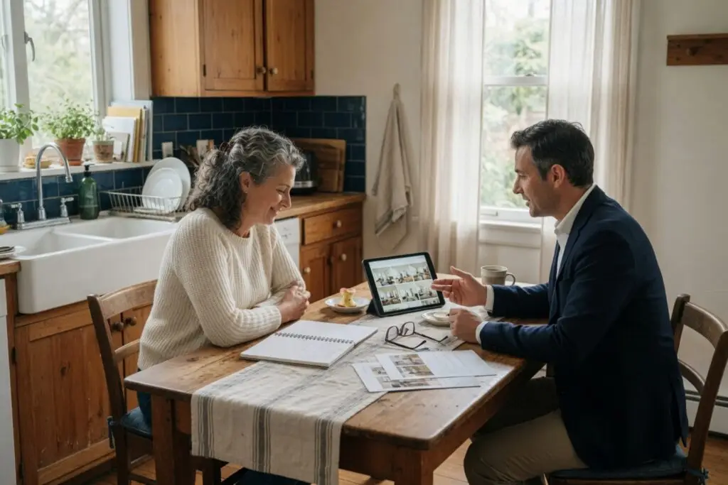 Home seller writing down questions to ask a realtor at a kitchen table with an agent