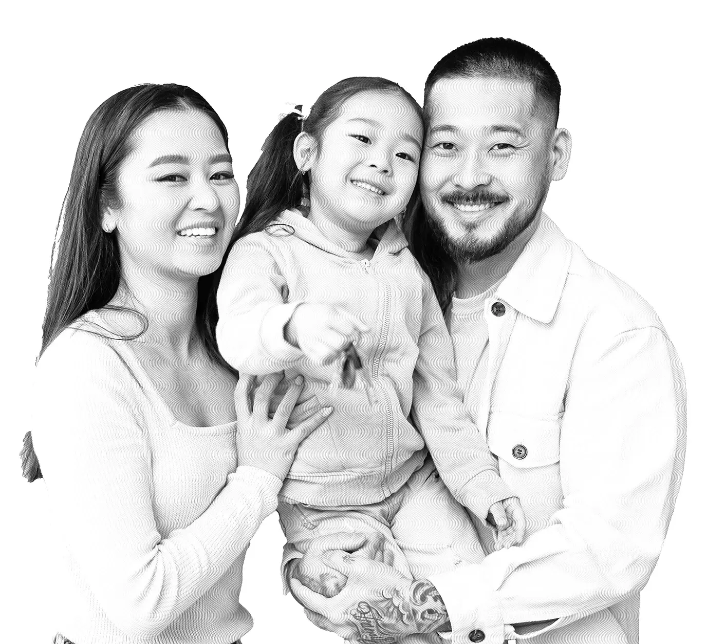 Black and white stylized image of a smiling family of three: a woman, a man with tattoos, and a young child in a hoodie, all looking at the camera.