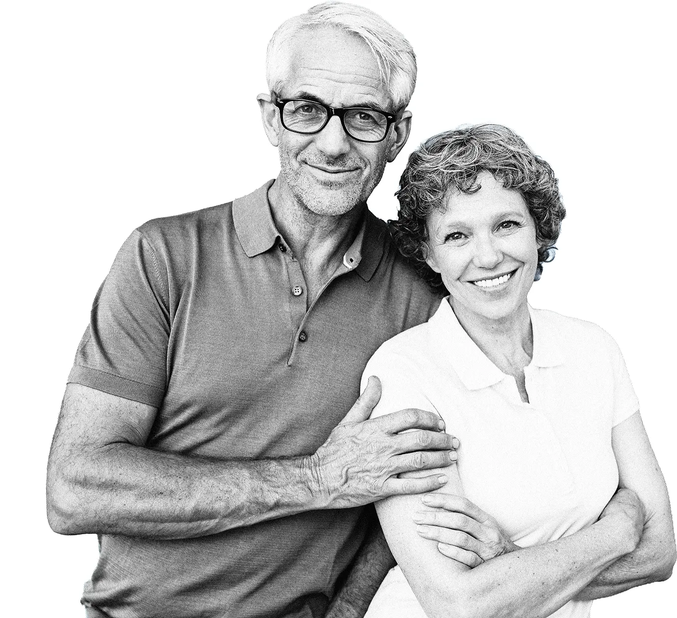Black and white etched portrait of a smiling older man with glasses and a woman with curly hair, embracing.