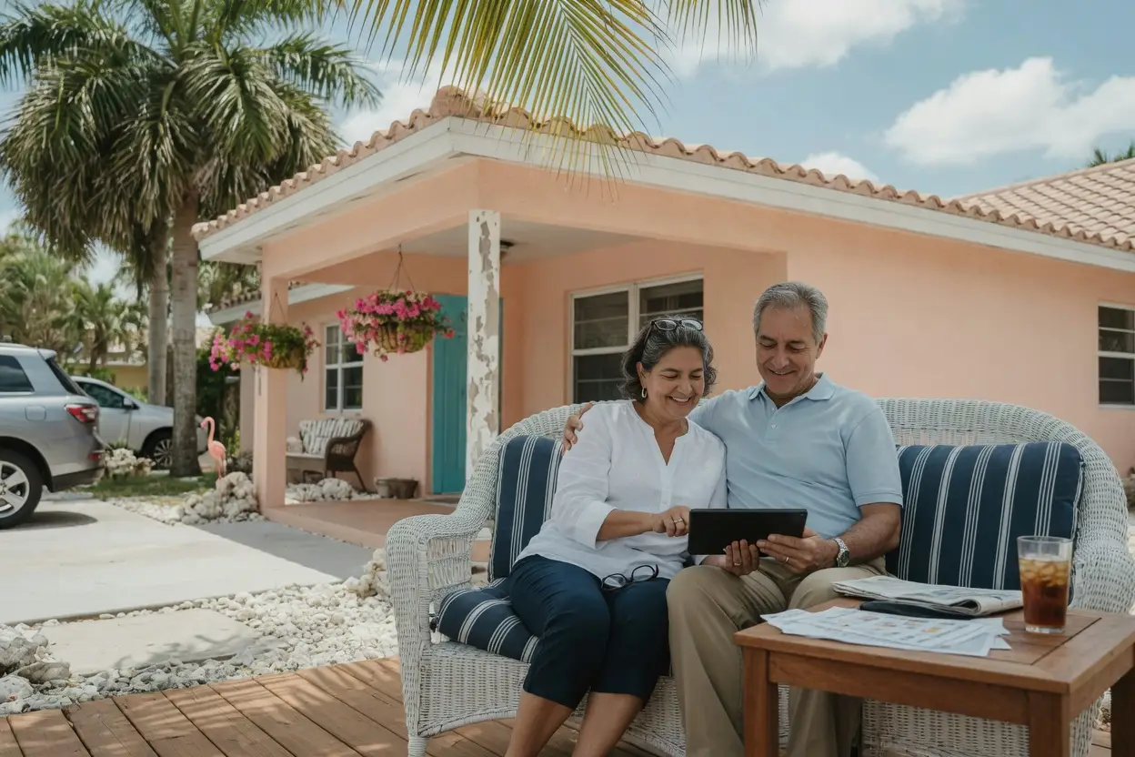 average real estate commission in florida: Florida homeowners reviewing listing paperwork on the porch of a palm-lined home