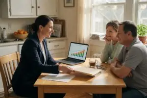 discount real estate brokers meeting with a home seller at a kitchen table reviewing a 1% listing agreement