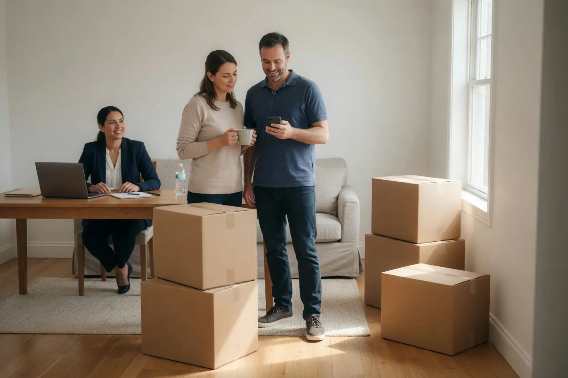 how long does it take to sell a house - couple and their agent tracking the home sale timeline in a sunlit living room with moving boxes