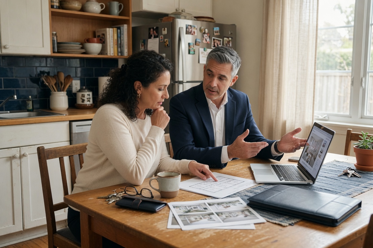 how to choose a real estate agent - seller and agent reviewing a listing plan at a kitchen table with a laptop and paperwork