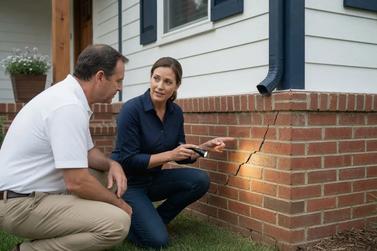 Living in a house with foundation problems: a homeowner and inspector examine a foundation crack on a home exterior