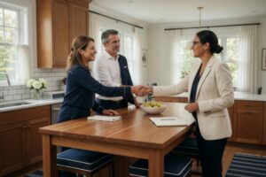 Low commission real estate agents meeting with home sellers at a kitchen island