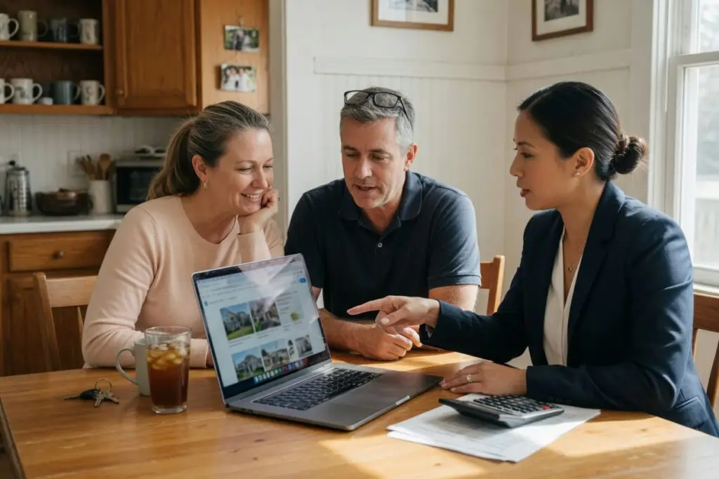 realtor commission calculator on a laptop as a couple reviews home sale costs with their agent