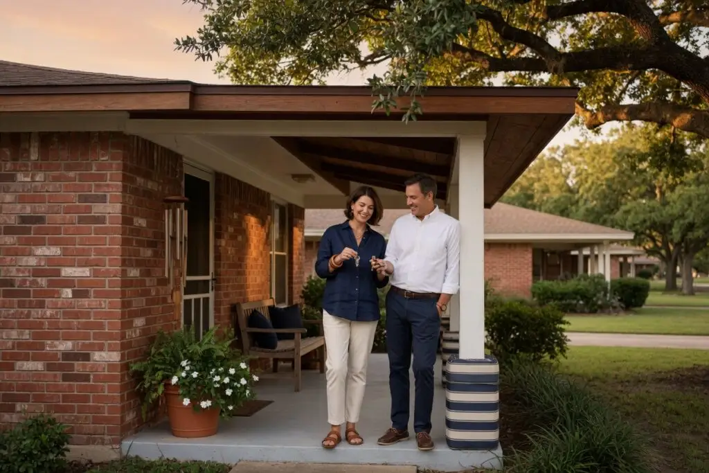 realtor commission in texas - homeowners on the porch of a brick Texas ranch home after selling with a low-fee agent