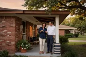 realtor commission in texas - homeowners on the porch of a brick Texas ranch home after selling with a low-fee agent