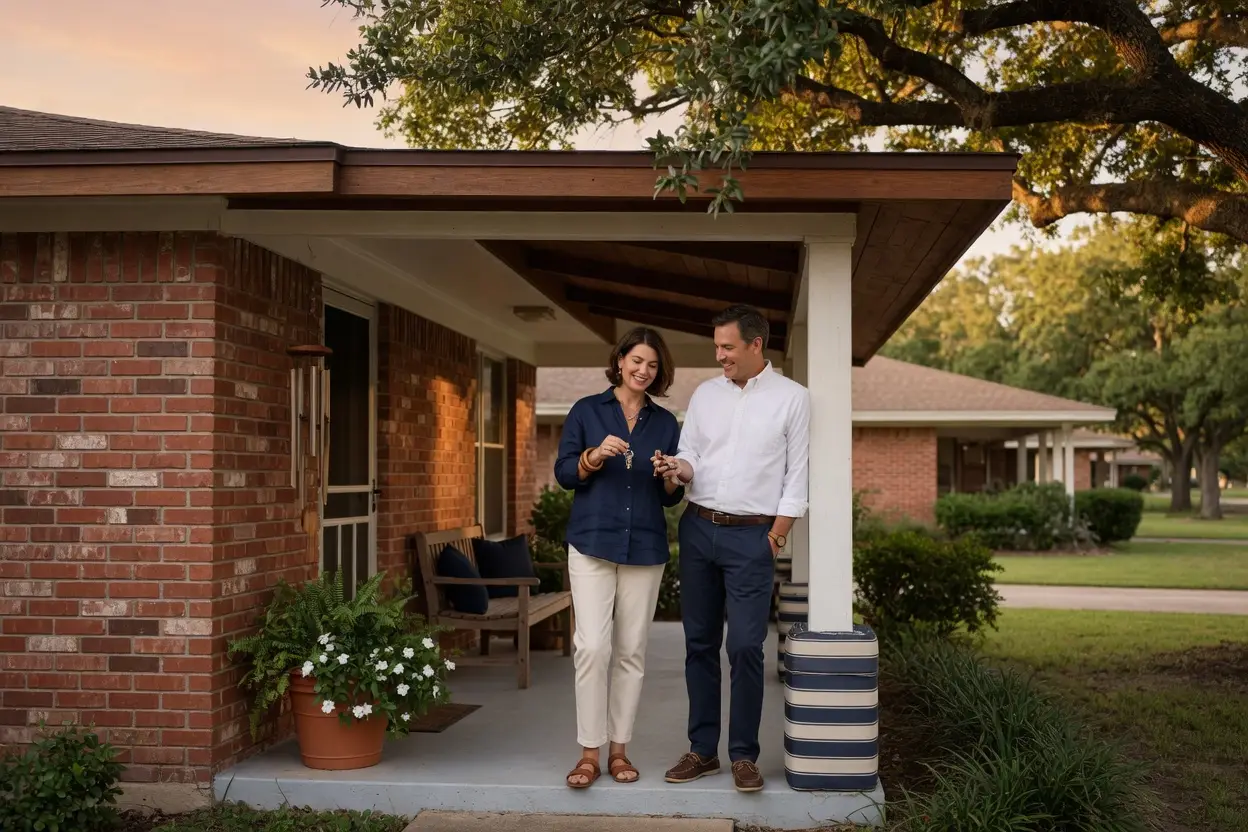 realtor commission in texas - homeowners on the porch of a brick Texas ranch home after selling with a low-fee agent