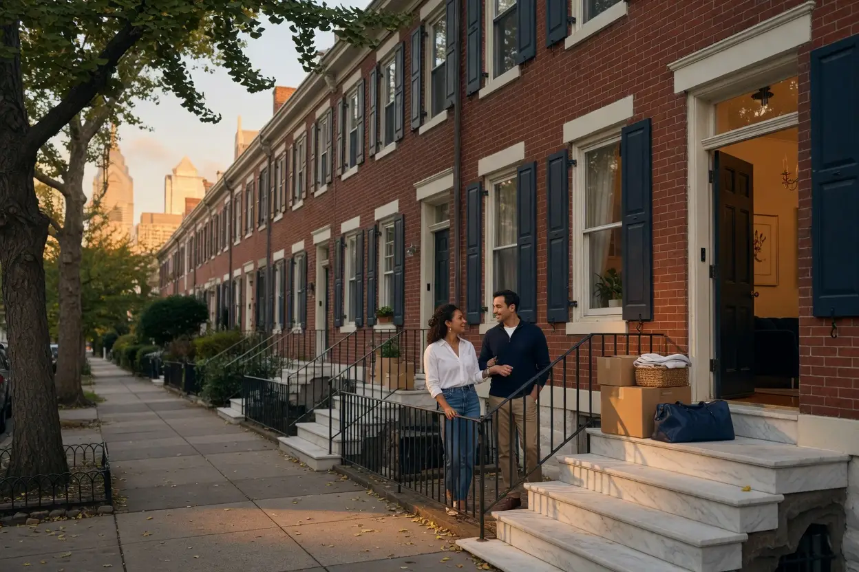 sell my house fast philadelphia - brick rowhouses with marble steps on a tree-lined South Philadelphia street at golden hour