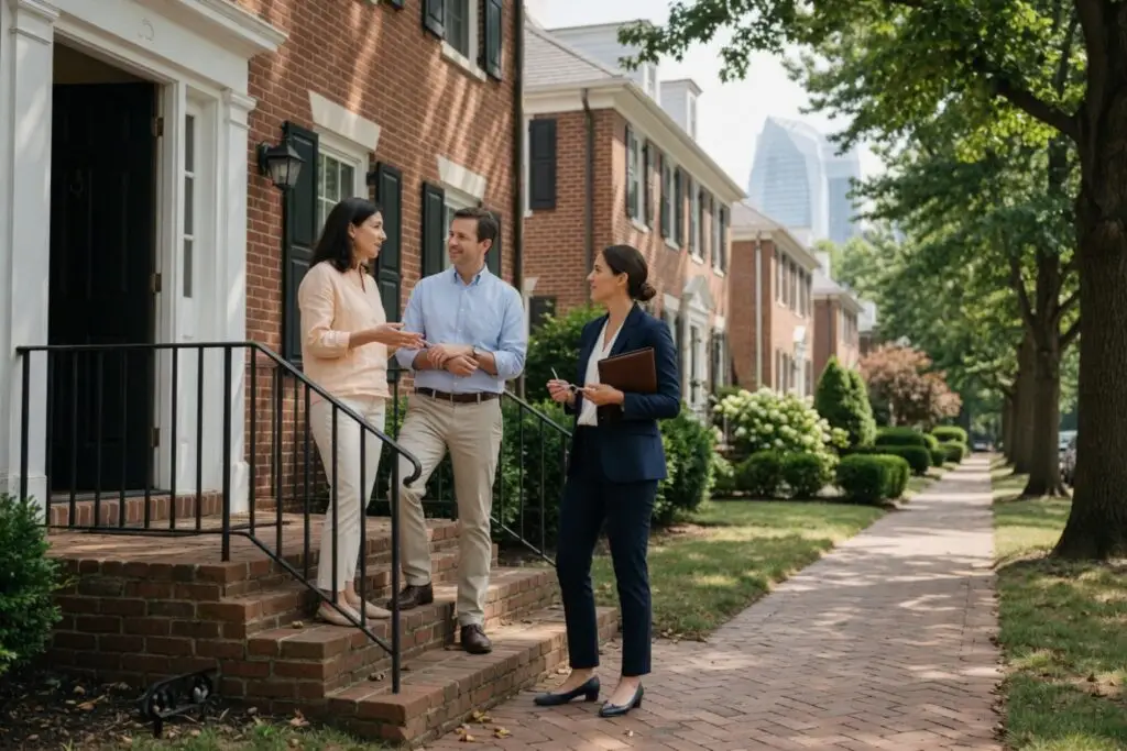 top real estate agents in northern virginia - sellers meeting their listing agent outside a brick Colonial home on an Arlington street
