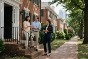 top real estate agents in northern virginia - sellers meeting their listing agent outside a brick Colonial home on an Arlington street