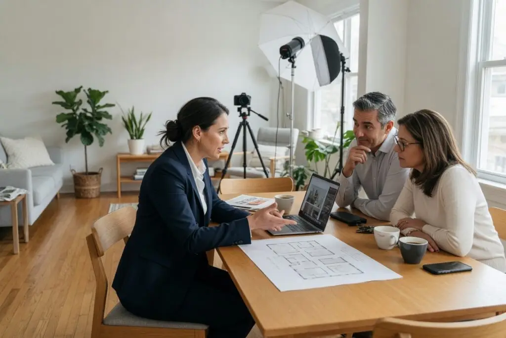 what does a realtor do - listing agent reviewing pricing and marketing plans with home sellers at a sunlit dining table