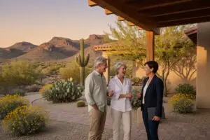 Arizona housing market 2026 - couple discussing their home sale with a real estate agent outside a Sonoran Desert home near Phoenix