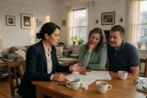 Broker vs realtor: a listing agent in a navy blazer reviewing a listing agreement with a seller couple at their dining table