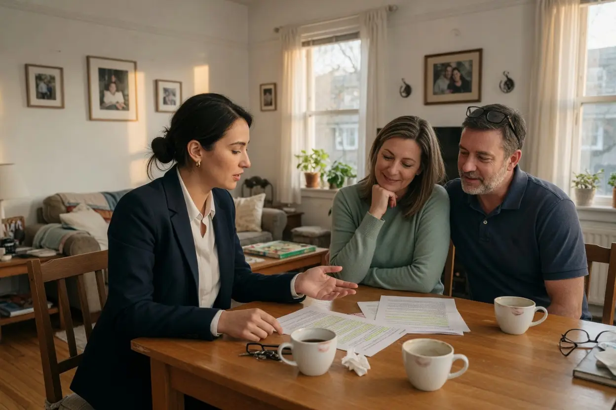 Broker vs realtor: a listing agent in a navy blazer reviewing a listing agreement with a seller couple at their dining table