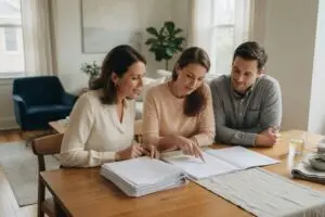 buyer agency agreement being reviewed line by line at a dining table with a real estate agent and a couple