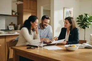 buyers agency fee - home buyers reviewing a buyer agency agreement with their agent at a warm wood kitchen table