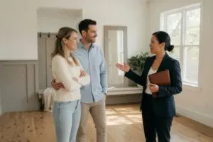 do i need a realtor to buy a house - agent in navy blazer touring a bright home with a young couple