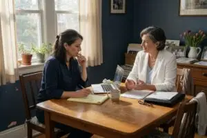 homelight reviews - home seller and a real estate agent comparing listing options at a kitchen table
