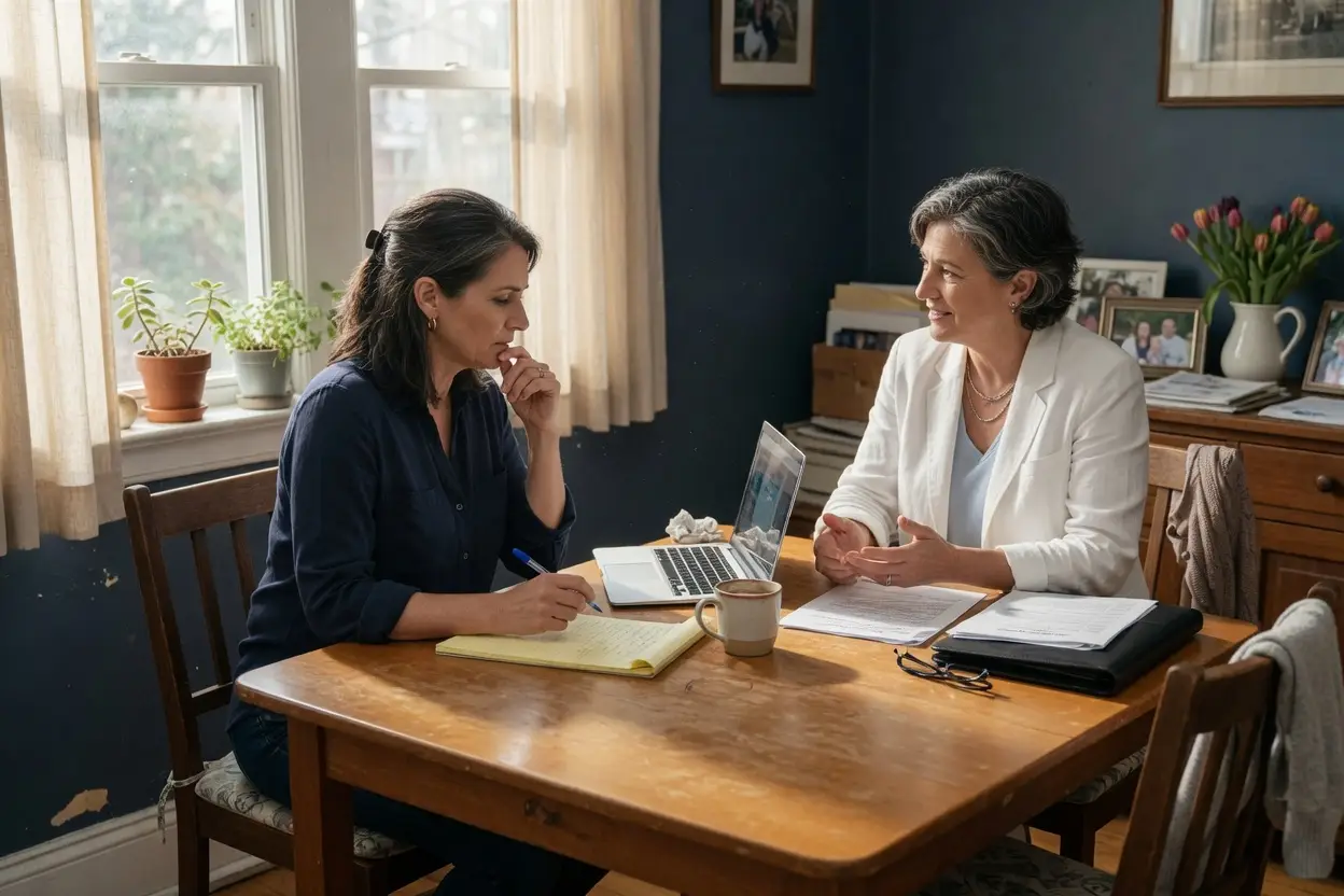 homelight reviews - home seller and a real estate agent comparing listing options at a kitchen table
