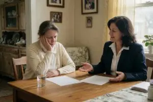 homevestors reviews - homeowner reviewing a cash offer at her kitchen table with a low commission real estate agent