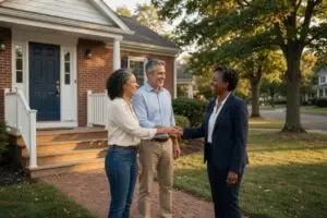 how much commission does a realtor make in nj - couple shaking hands with a real estate agent outside a brick South Jersey colonial home
