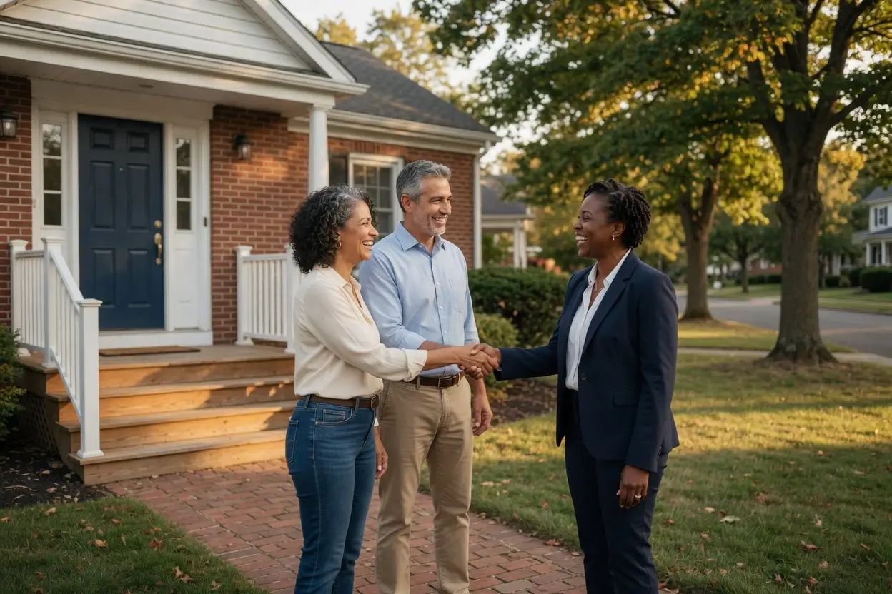 how much commission does a realtor make in nj - couple shaking hands with a real estate agent outside a brick South Jersey colonial home