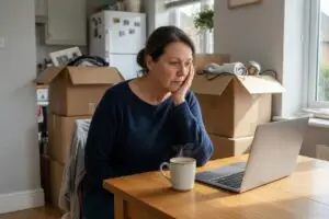 iBuyers cash offer decision - home seller at her kitchen table weighing an instant offer beside packed moving boxes