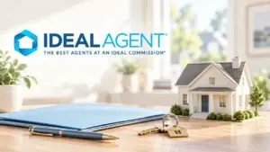 Ideal Agent logo above a model home, house keys and a blue document folder.