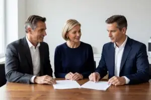 ideal agent reviews - couple comparing two listing proposals with a real estate agent at a dining table