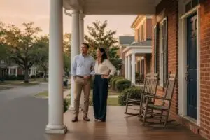 mark spain real estate reviews - couple weighing their home sale options on the porch of a brick Southern home