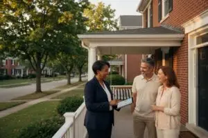 ohio housing market - real estate agent showing market data on a tablet to a couple on the front porch of a brick Ohio colonial home