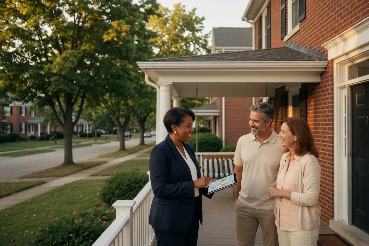 ohio housing market - real estate agent showing market data on a tablet to a couple on the front porch of a brick Ohio colonial home
