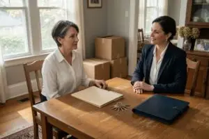 probate listing discussion as an executor reviews estate paperwork with a real estate agent at a dining table