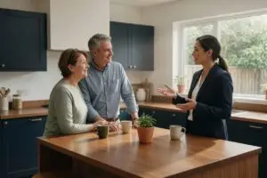 real estate agent vs realtor - couple talking with a licensed listing agent at their kitchen island
