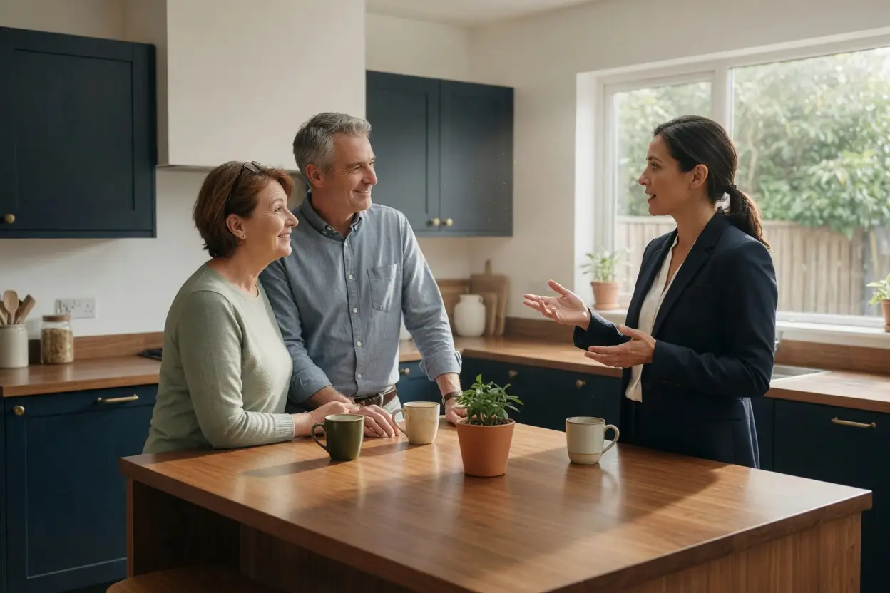 real estate agent vs realtor - couple talking with a licensed listing agent at their kitchen island