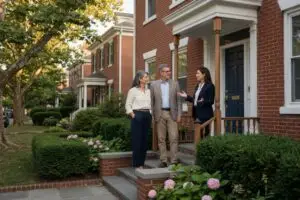 Realtors in Delaware meeting home sellers on the brick front steps of a Wilmington Colonial