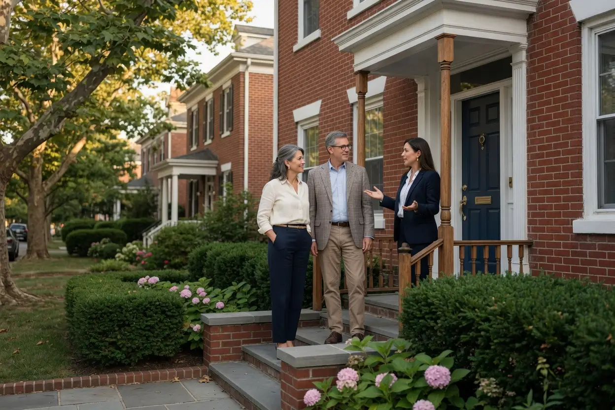 Realtors in Delaware meeting home sellers on the brick front steps of a Wilmington Colonial