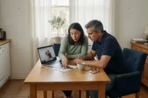 redfin commission explained as a couple reviews listing fee figures at their kitchen table
