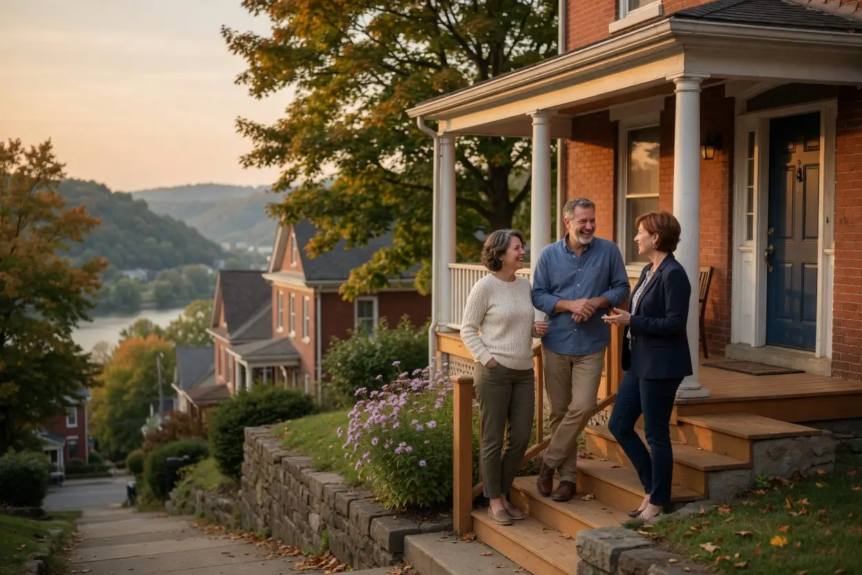 sell my house fast pittsburgh - couple and a real estate agent on the front steps of a brick home on a Pittsburgh hillside street