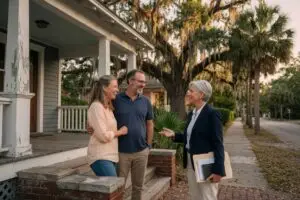 sell my house fast tampa - Tampa couple meeting a low-commission listing agent on the porch of a Hyde Park bungalow under live oaks