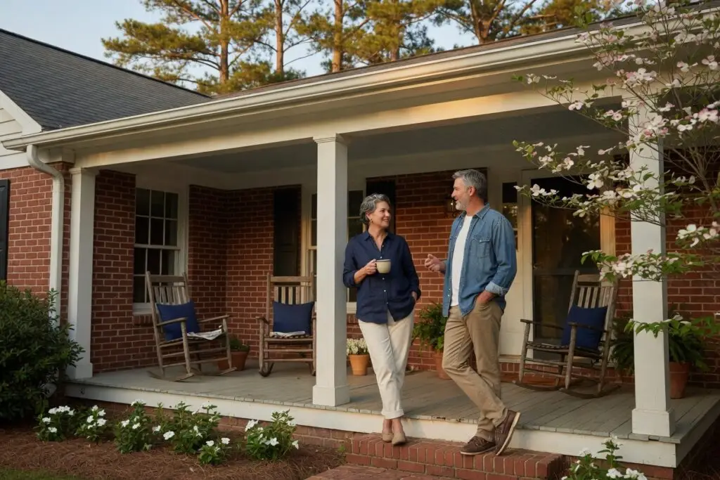 sell my house in north carolina - couple on the brick front porch of a Piedmont North Carolina home at golden hour