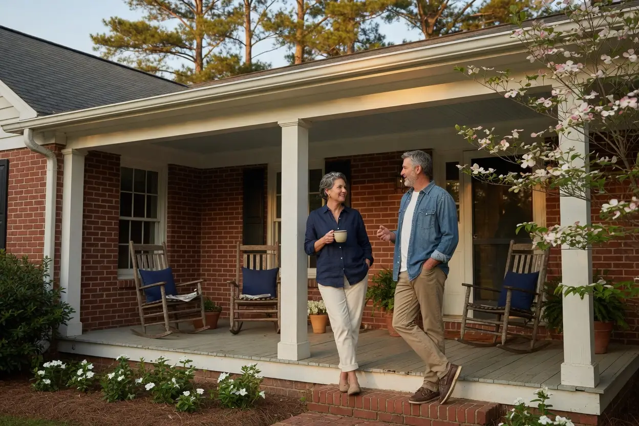 sell my house in north carolina - couple on the brick front porch of a Piedmont North Carolina home at golden hour