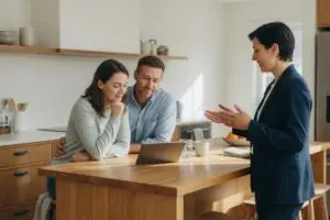 under contract vs pending - couple and their listing agent reviewing the sale timeline at a kitchen island