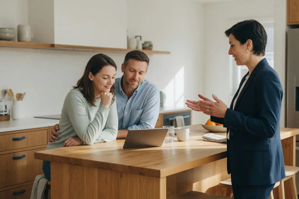 under contract vs pending - couple and their listing agent reviewing the sale timeline at a kitchen island