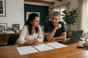 upnest reviews - couple comparing competing agent proposals at their dining table before choosing a listing agent