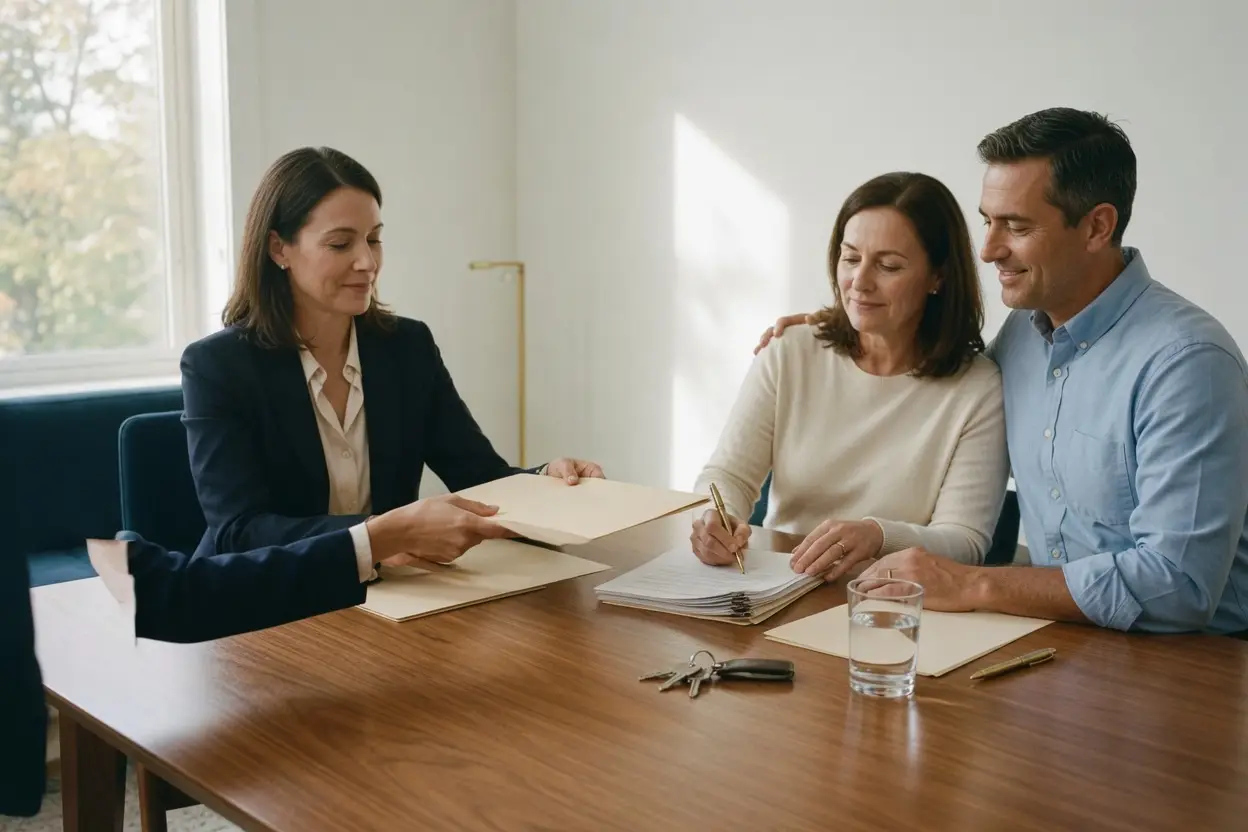 what does a title company do - settlement agent handing closing documents to a seller couple at a walnut conference table