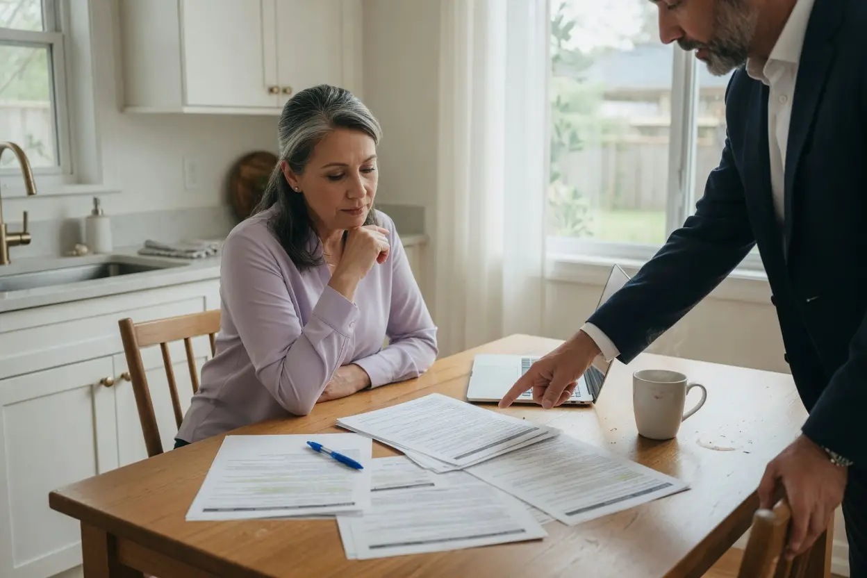 what fixes are mandatory after a home inspection - home seller reviewing the inspection report at her kitchen table with her listing agent
