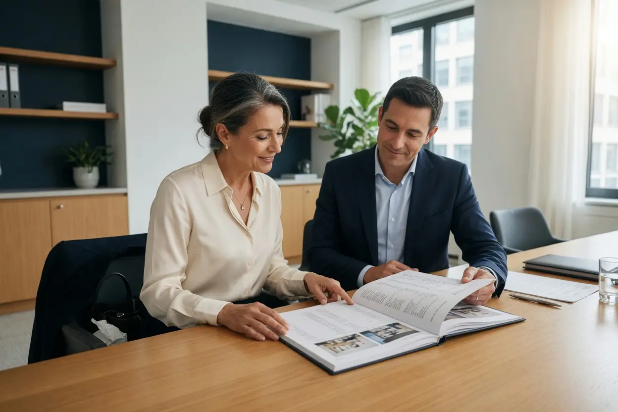 what is a broker in real estate - seller and brokerage professional reviewing a listing agreement together at an office table
